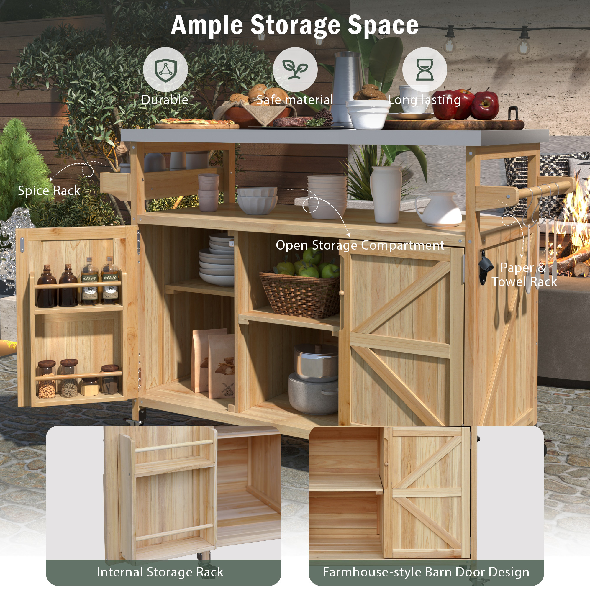 K&K Outdoor Kitchen Island, Rolling Bar Cart & Storage Cabinet, Farmhouse Solid Wood Outdoor Grill Table With Stainless Steel Top, Spice Rack , Towel Rack For Kitchen & BBQ , Natural