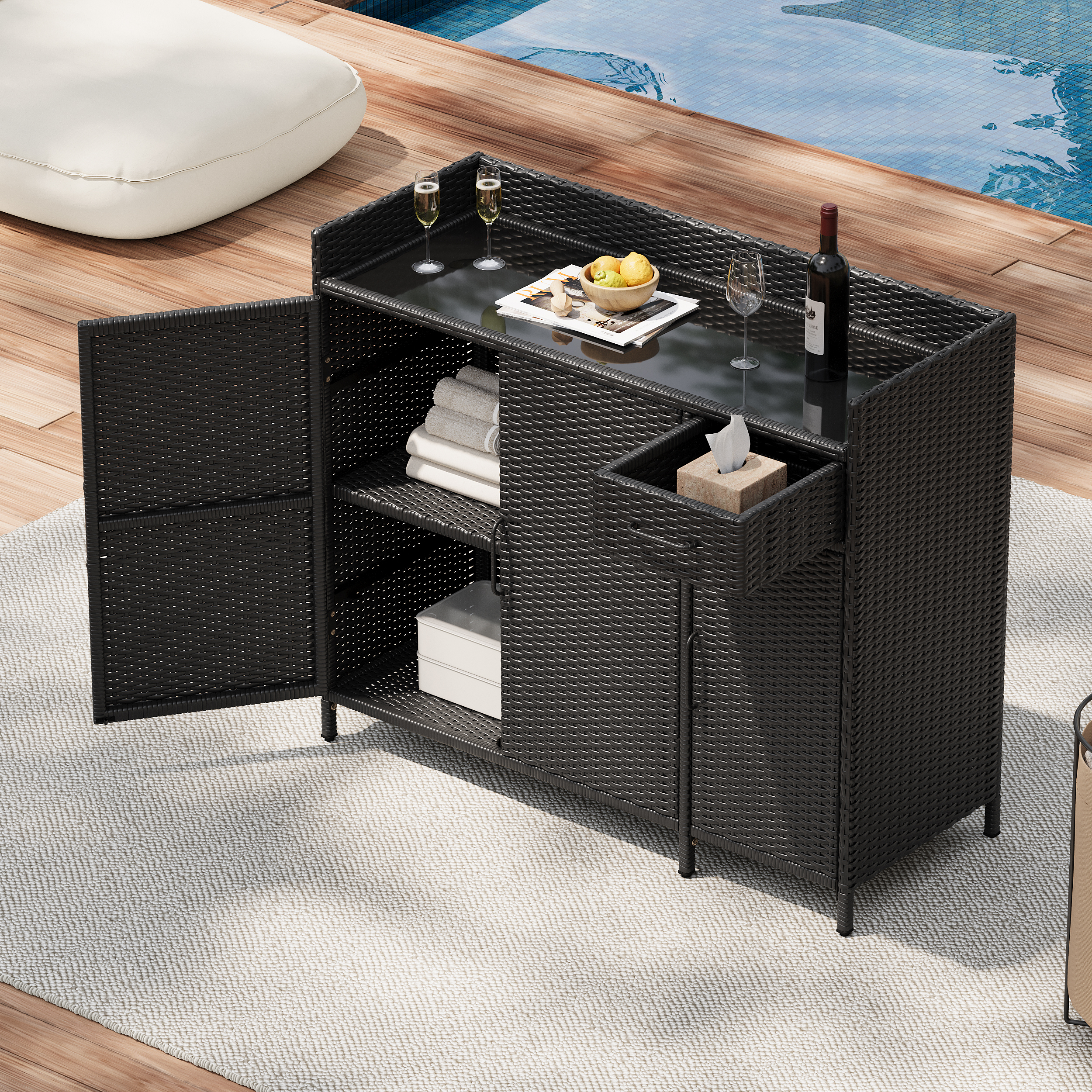 K&K 47.5 W Wicker Outdoor Storage Cabinet With Tempered Glass Desktop, Weather Proof Rattan Bar Table With Three Doors, Adjustable Shelf, And One Drawer, For Outdoor Cushions, Pool Toys , Black Brown