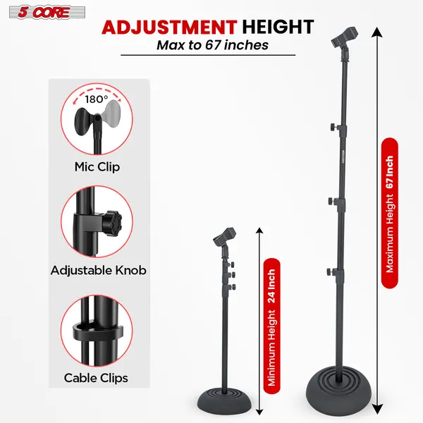 5Core Mic Stand Floor Adjustable Universal Heavy Duty Microphone Stands Round Base Soporte De Micrófono - MS RBP 3T