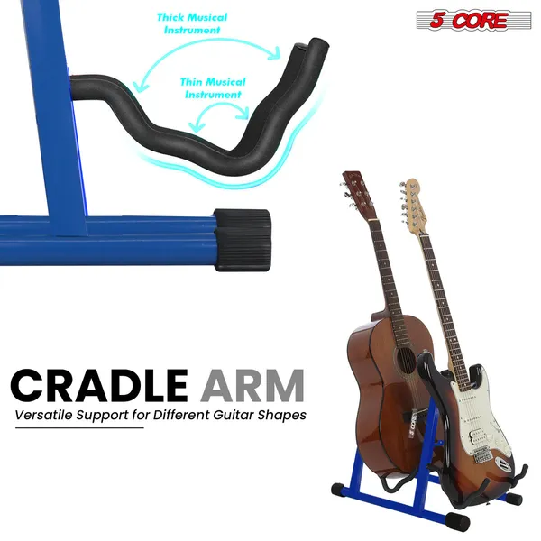 5 CORE Double Guitar Stand Floor Adjustable Heavy Duty A Frame Universal Folding Acoustic Electric Bass Mandolin Banjo Violin Holder Multiple Folding Stands For On Stage Studio Easy Assembly Blue