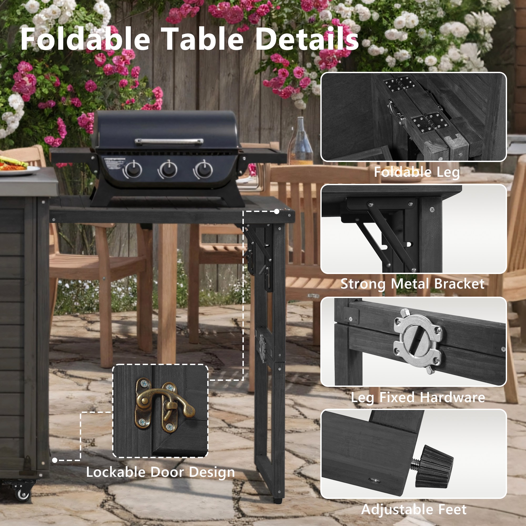 K&K 78.3  Outdoor Kitchen Island With Foldable Grill Table, Wooden Outdoor Grill Cart With Trash Can Storage & Stainless Steel Top, Outdoor Bar Cart, Pizza Oven Table For Lawn & Garden, Black