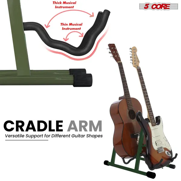 5 CORE Double Guitar Stand Floor Adjustable Heavy Duty A Frame Universal Folding Acoustic Electric Bass Mandolin Banjo Violin Holder Multiple Folding Stands For On Stage Studio Easy Assembly GREEN