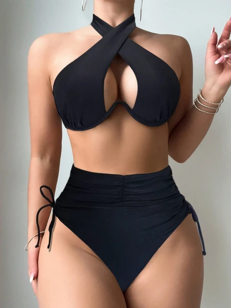 Women's Black Sexy Two-piece Quick-dry Fabric Bikini Swimwear