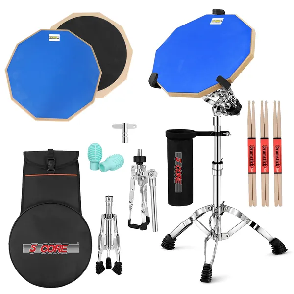 5 Core Drum Practice Pad Set 12" Adjustable Snare Drumming Stand Double Sided Silent Drummer Kit - DPAD COMBO BLU