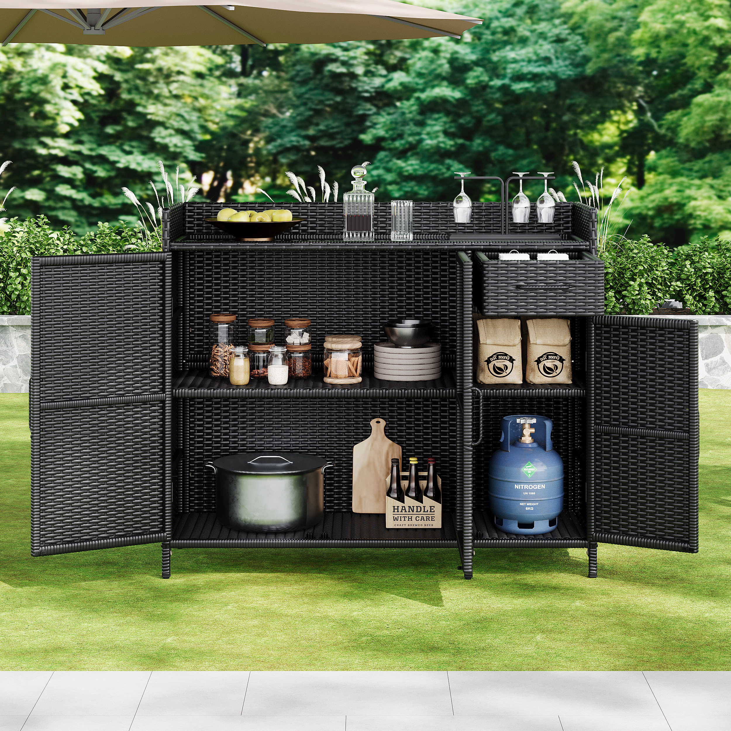 K&K 47.5 W Wicker Outdoor Storage Cabinet With Tempered Glass Desktop, Weather Proof Rattan Bar Table With Three Doors, Adjustable Shelf, And One Drawer, For Outdoor Cushions, Pool Toys , Black Brown