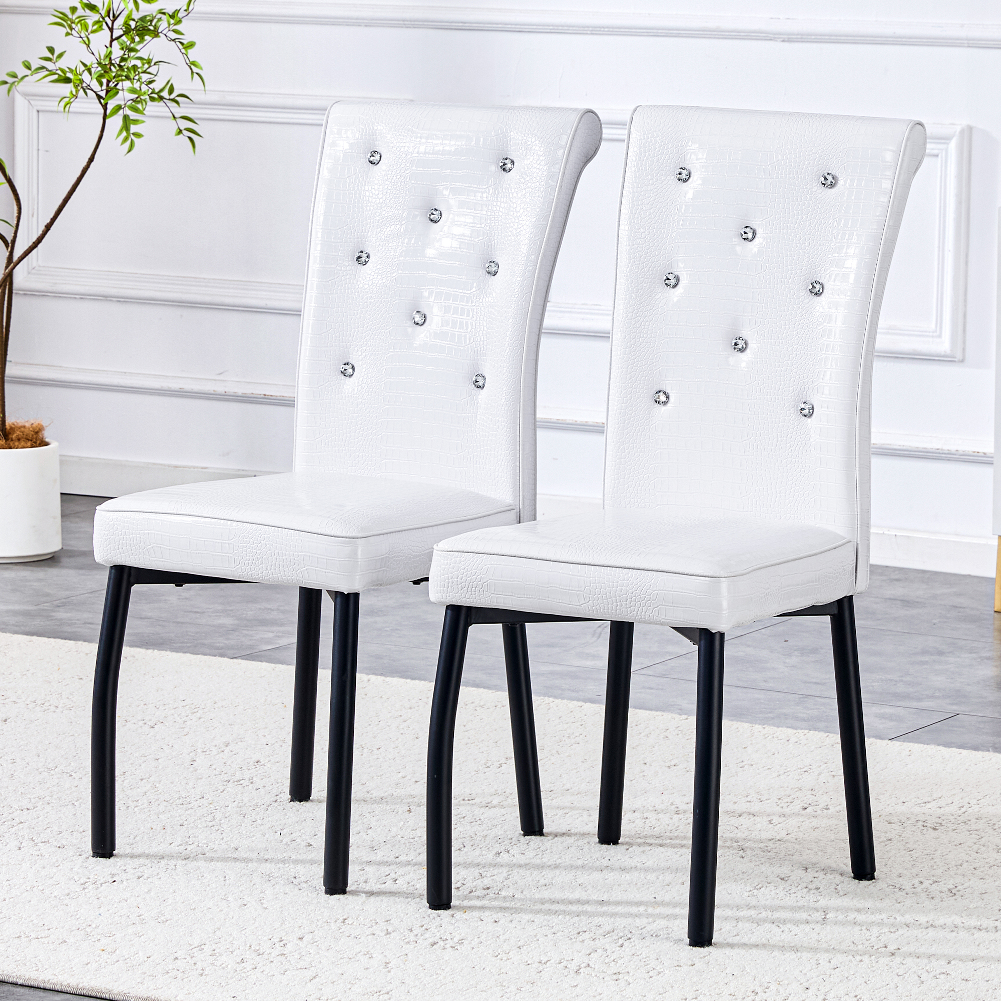 A Set Of 2 White And Black Vintage Crocodile Leather Cushioned Dining Chairs, Featuring Crystal Clasp Design And Artificial Leather Design, Adding A Touch Of Elegance And Mystery To The Dining Area