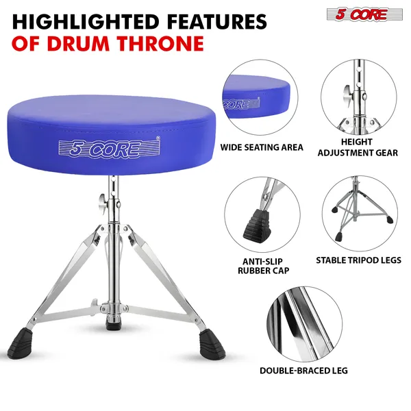 5 CORE Drum Throne Padded Guitar Stool Height Adjustable Music Chair Seat Universal For Adults & Kids With Anti Slip Rubber Feet DS CH BLU