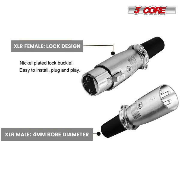 5Core XLR Connector Male Female To 1/4 Audio Jack 3 Pin Secure Mic Plug W Locking Ends