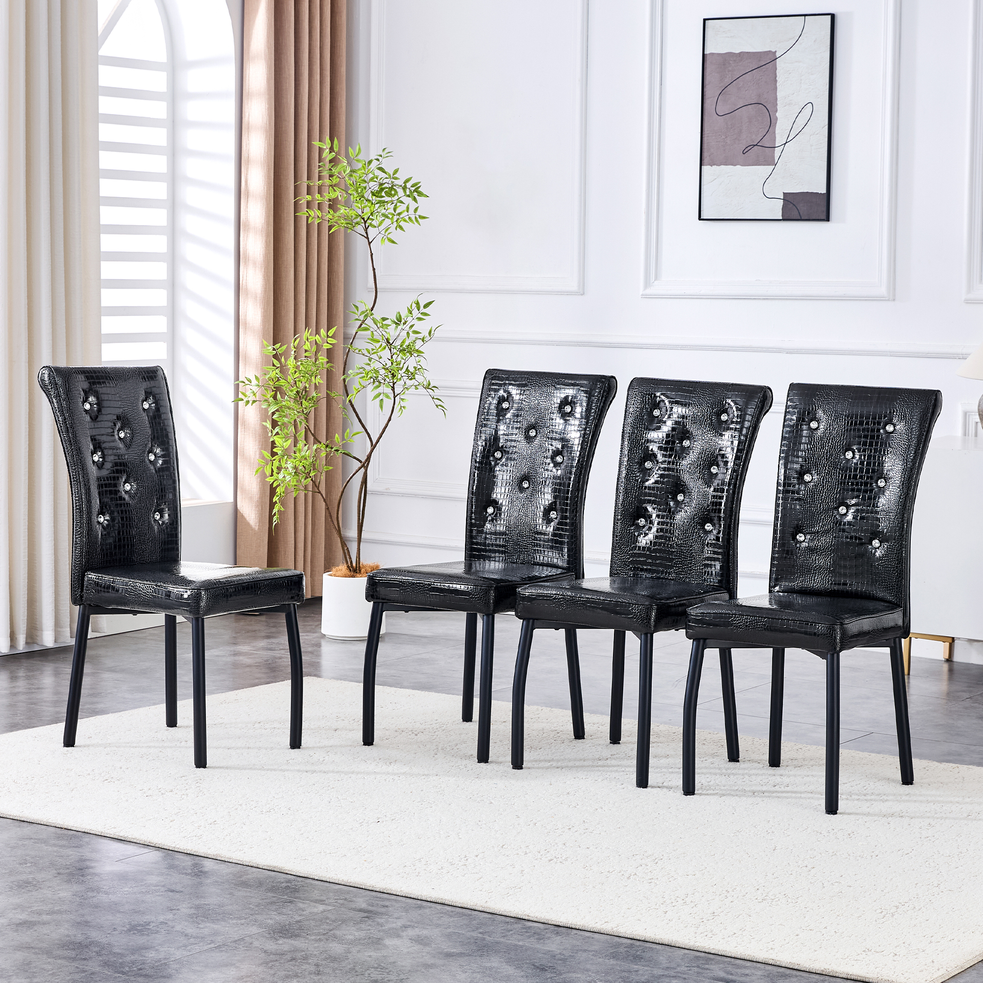 A Set Of 2 Black Vintage Crocodile Leather Cushioned Dining Chairs, Featuring Crystal Clasp Design And Artificial Leather Design, Adding A Touch Of Elegance And Mystery To The Dining Area