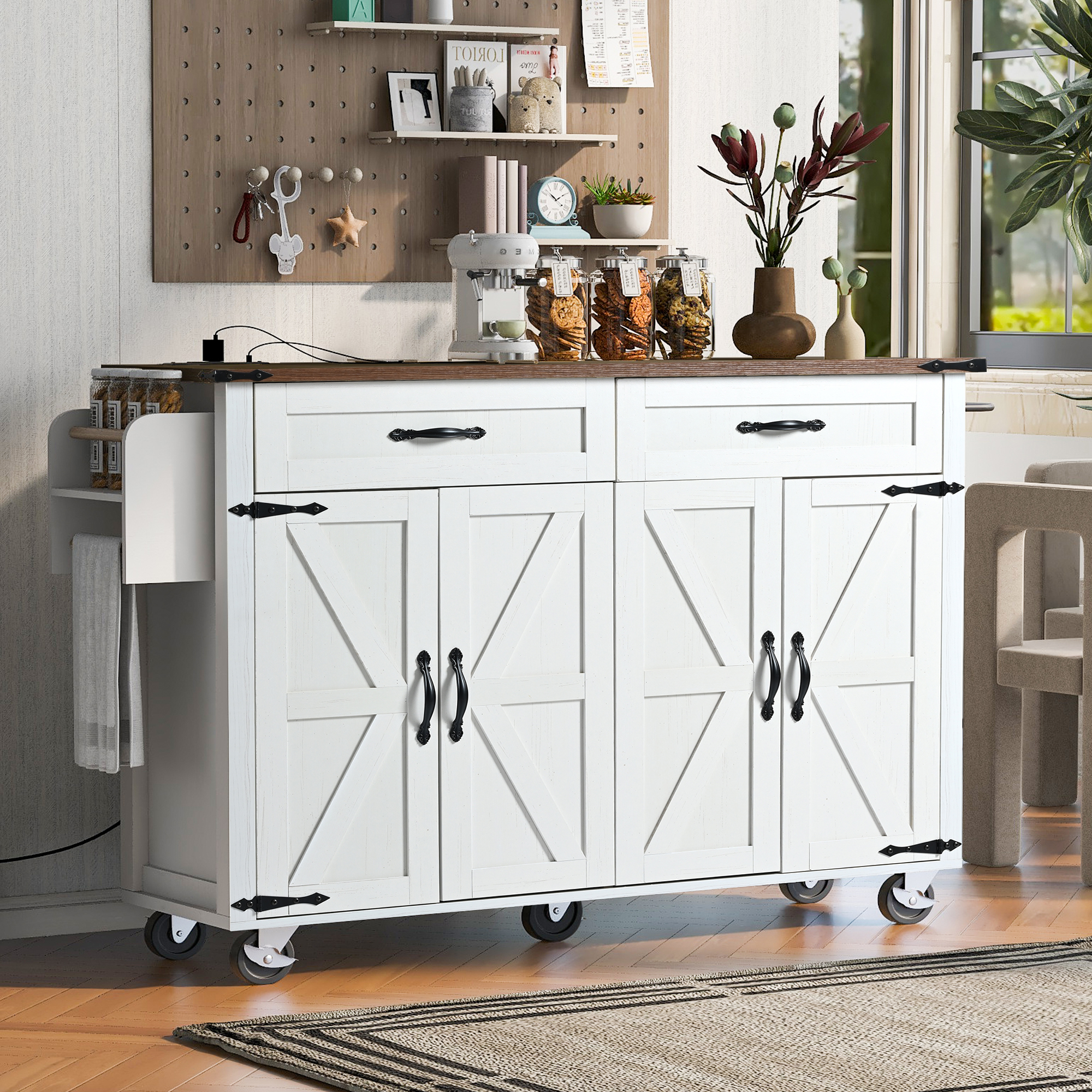 K&K 53.5 Farmhouse Kitchen Island With Power Outlet, Kitchen Storage Island With Drop Leaf, Spice Rack And Drawer, Rolling Kitchen Cart On Wheels, For Home, Kitchen And Dining Room, White