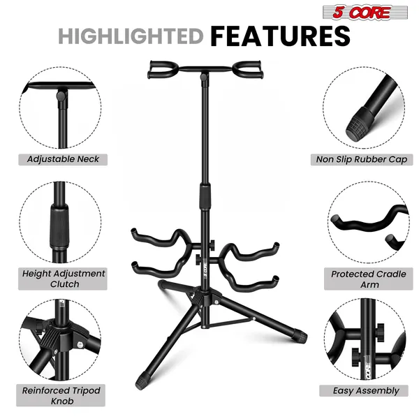 5 Core Guitar Stand Adjustable Double Guitars Stands Floor W Neck Holder Universal Supports For Acoustic Electric Classic Bass Instrument Folding Portable Black - GSH 2N1