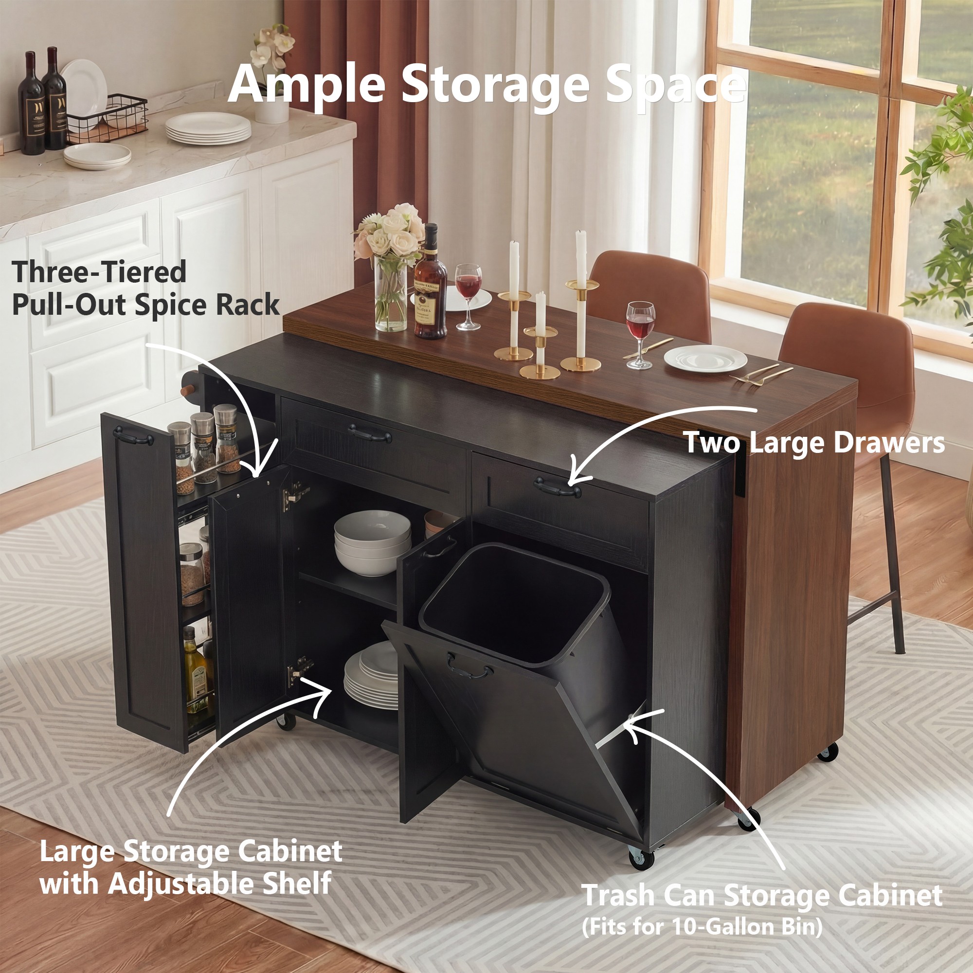 K&K 102.3  Kitchen Island With Extendable Dining Table, Kitchen Rolling Island Cart With Trash Storage Cabinet, 3 Tier Pull Out Spice Rack, Mobile Island Table On Wheels For Kitchen, Dining Room,Black
