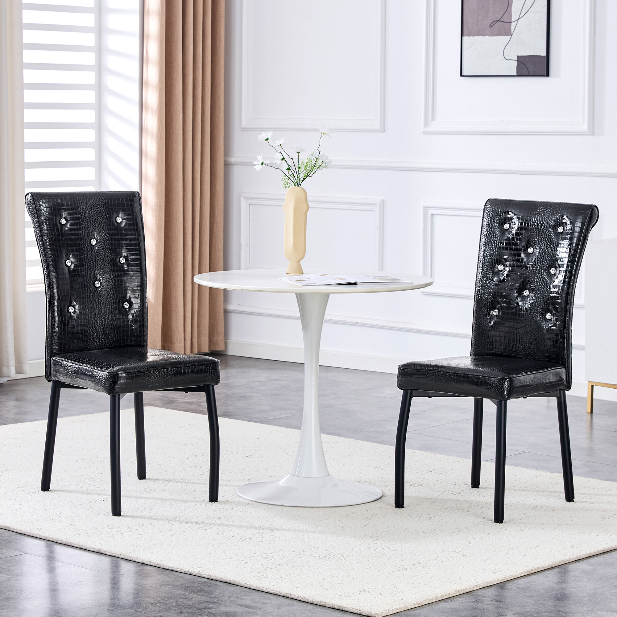 A Set Of 2 Black Vintage Crocodile Leather Cushioned Dining Chairs, Featuring Crystal Clasp Design And Artificial Leather Design, Adding A Touch Of Elegance And Mystery To The Dining Area