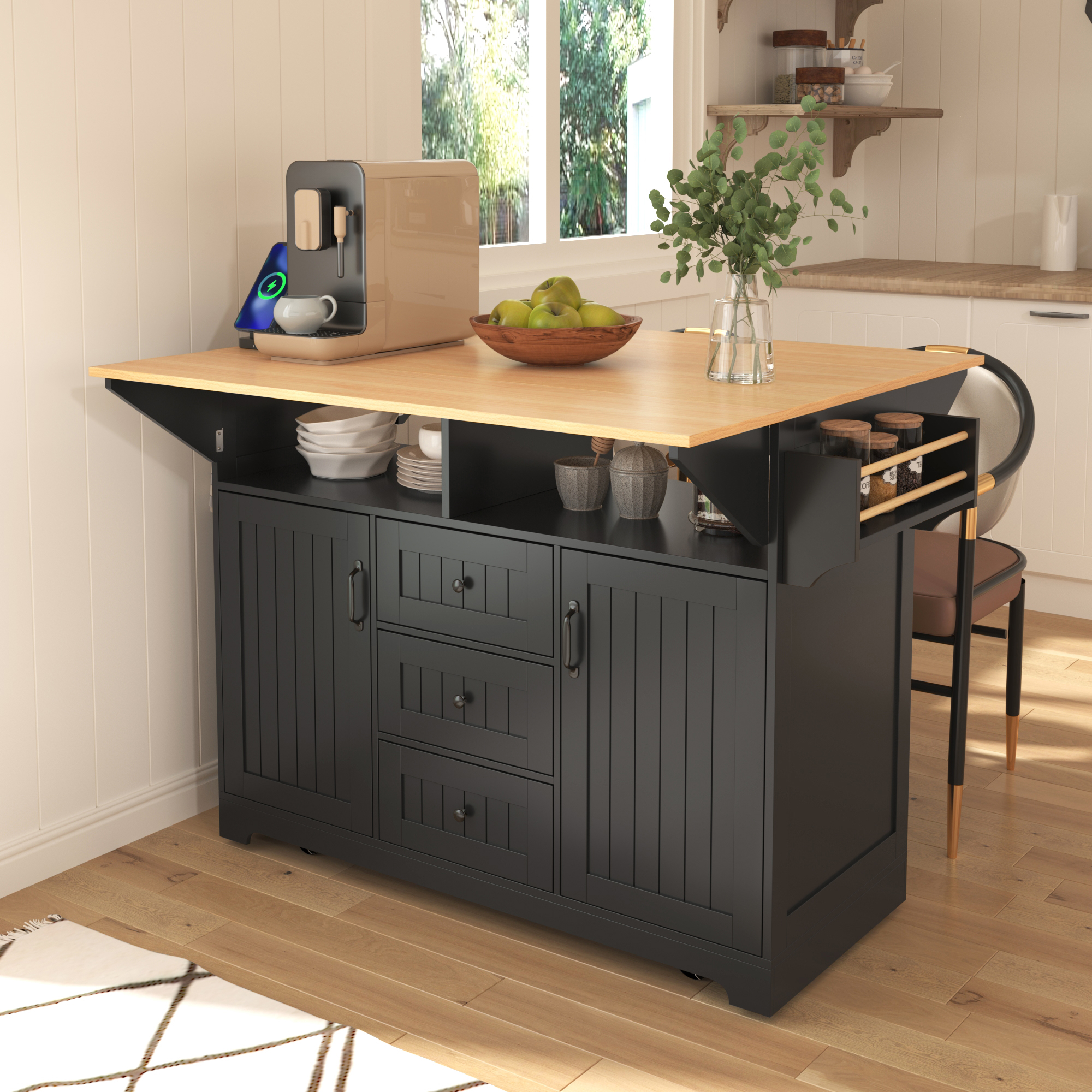 K&K 55.7  Large Kitchen Island With 2 Drop Leaf,, Rolling Kitchen Cart On 5 Wheels With Power Outlet, Folding Storage Dining Table With Spice & Towel Rack , 3 Drawers, For Kitchen, Dining Room,Black