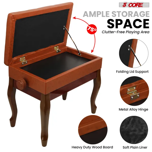 5 Core Piano Bench 3" Padded Cushioned Stool Wooden Heavy Duty Adjustable Musician Chair W Storage - PNB WD HD CML BR