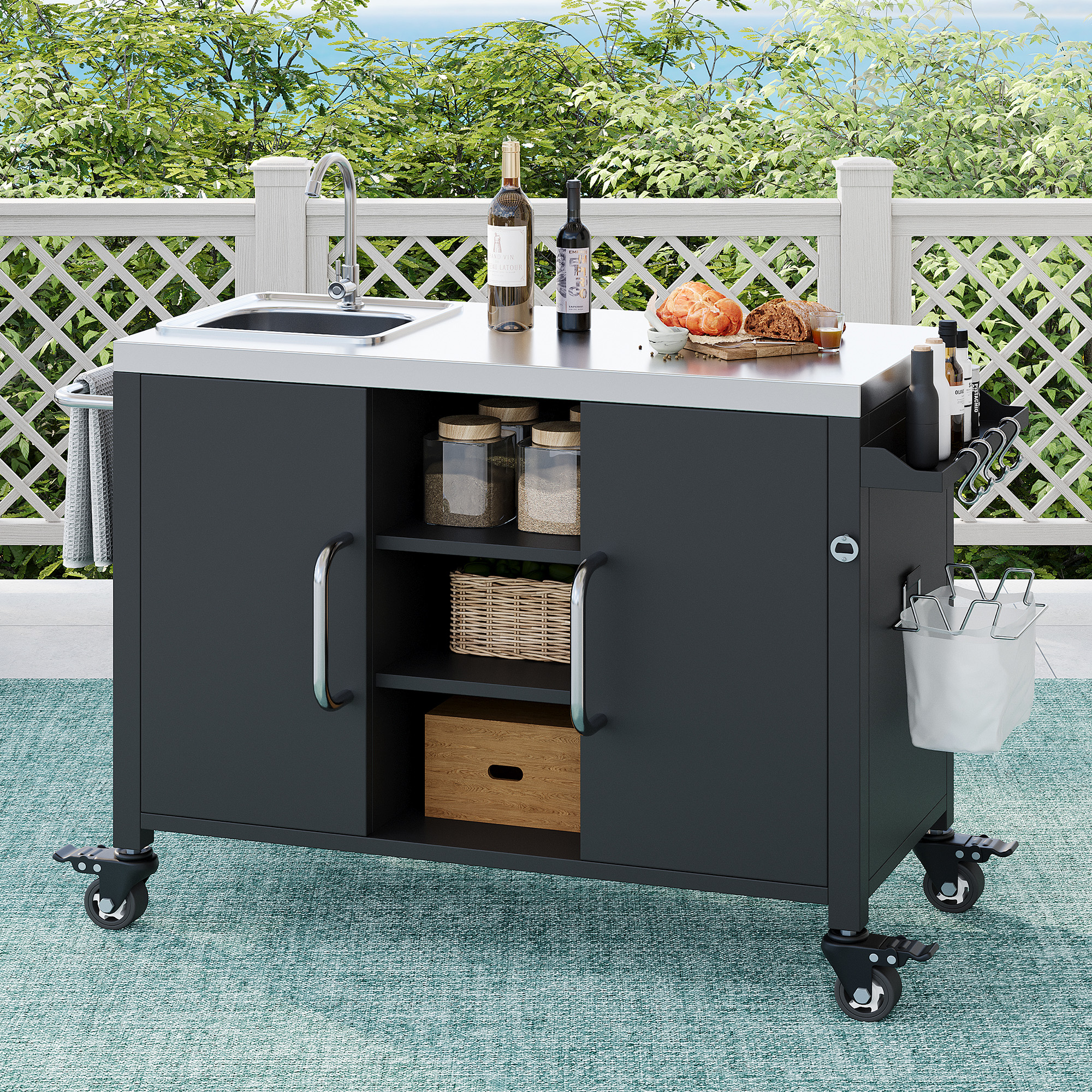 K&K 55.5  Outdoor Kitchen Island With Sink, Metal Grill Cart Table With 304 Stainless Steel Sink, Outdoor Bar Cart Sink Station With 4 Lockable Wheels For Pizza Prep & BBQ, L 55.5  X W 20  H 36.7