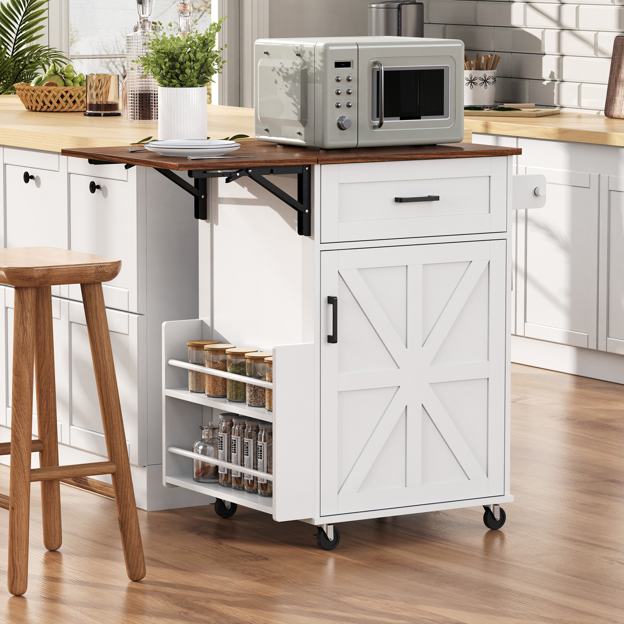 K&K 39.3  Farmhouse Kitchen Island With Drop Leaf, Kitchen Storage Island With Open Side Rack, One Drawer, Towel Rack, Rolling Kitchen Cart With Lockable Wheels For Lawn Garden, White