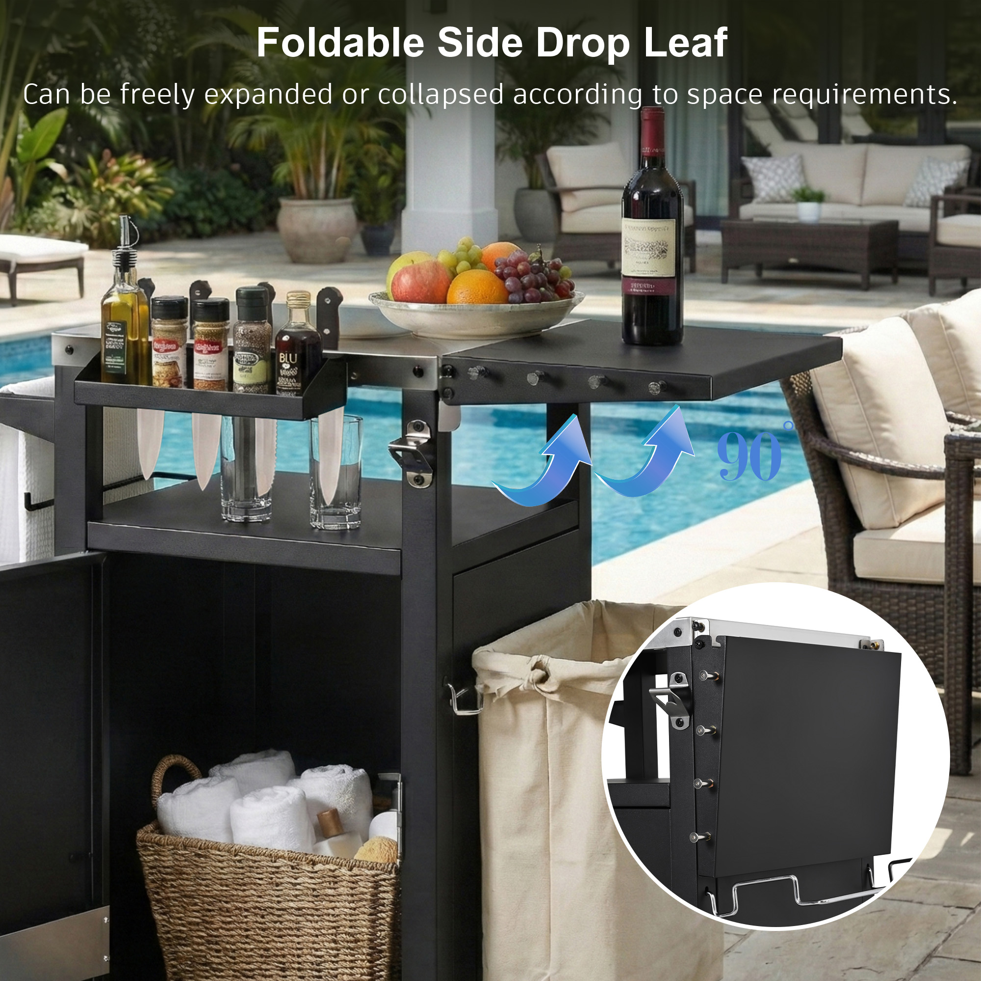 K&K 33.9  Outdoor Grill Cart With Drop Leaf, Outdoor Metal Bar Cart Pizza Oven Table With Wheels, Stainless Steel Top, Outdoor Kitchen Island With Storage Cabinet & Spice & Paper Rack For BBQ, Waterpr