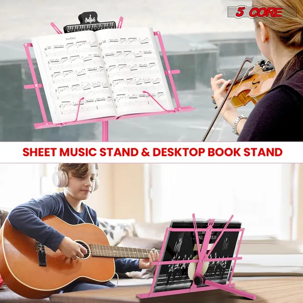 5 Core Music Stand Adjustable Desktop Book Stands Portable Sheet Holder All Metal Foldable Bookstand - MUS FLD PNK