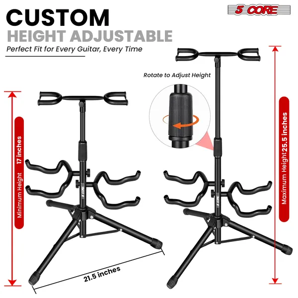 5 Core Guitar Stand Adjustable Double Guitars Stands Floor W Neck Holder Universal Supports For Acoustic Electric Classic Bass Instrument Folding Portable Black - GSH 2N1