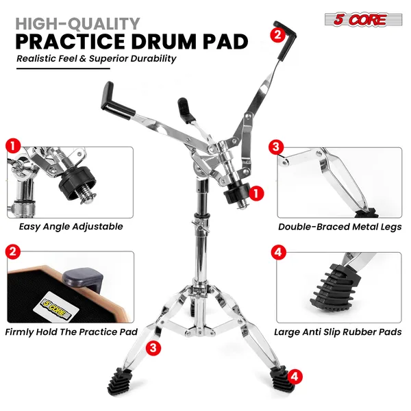 5 Core Drum Practice Pad Set 12" Adjustable Snare Drumming Stand Double Sided Silent Drummer Kit - DPAD COMBO BLK