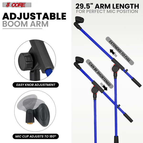 5 Core Tripod Mic Stand Floor Adjustable 18 To 72 Inches Sturdy Boom Arm Holder Microphone Stands Pedestal Para Microfono For Singing MS 080 SKY D-BLU