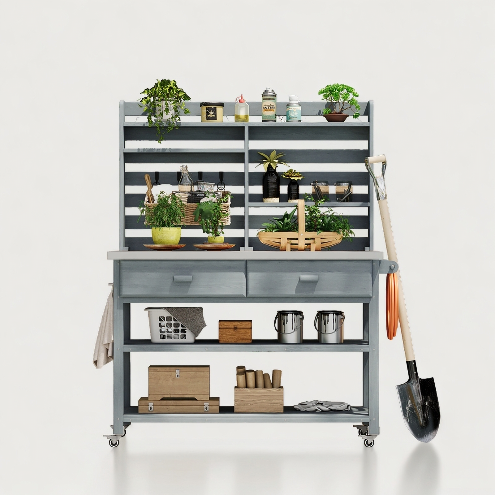 K&K 64.9 H Outdoor Potting Bench Table With Lockable Wheels, Solid Wood Outdoor Kitchen Island With Upper Hutch, Stainless Steel Top, Towel Rack ,Outdoor Storage For Grilling, Lawn Garden  Grey Blue