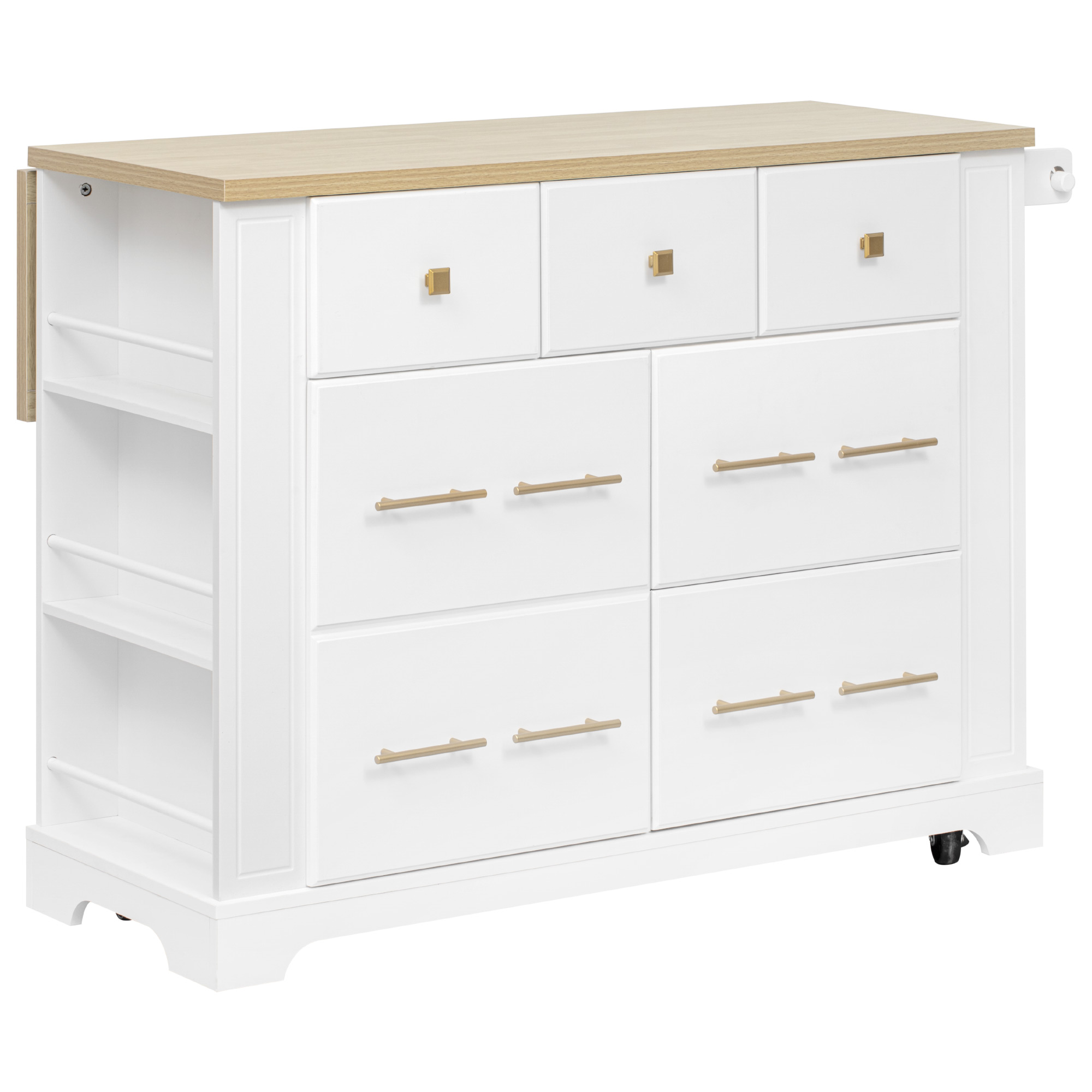 Kitchen Island With 6 Drawers And Drop Leaf And Power Outlet White_voghion.com