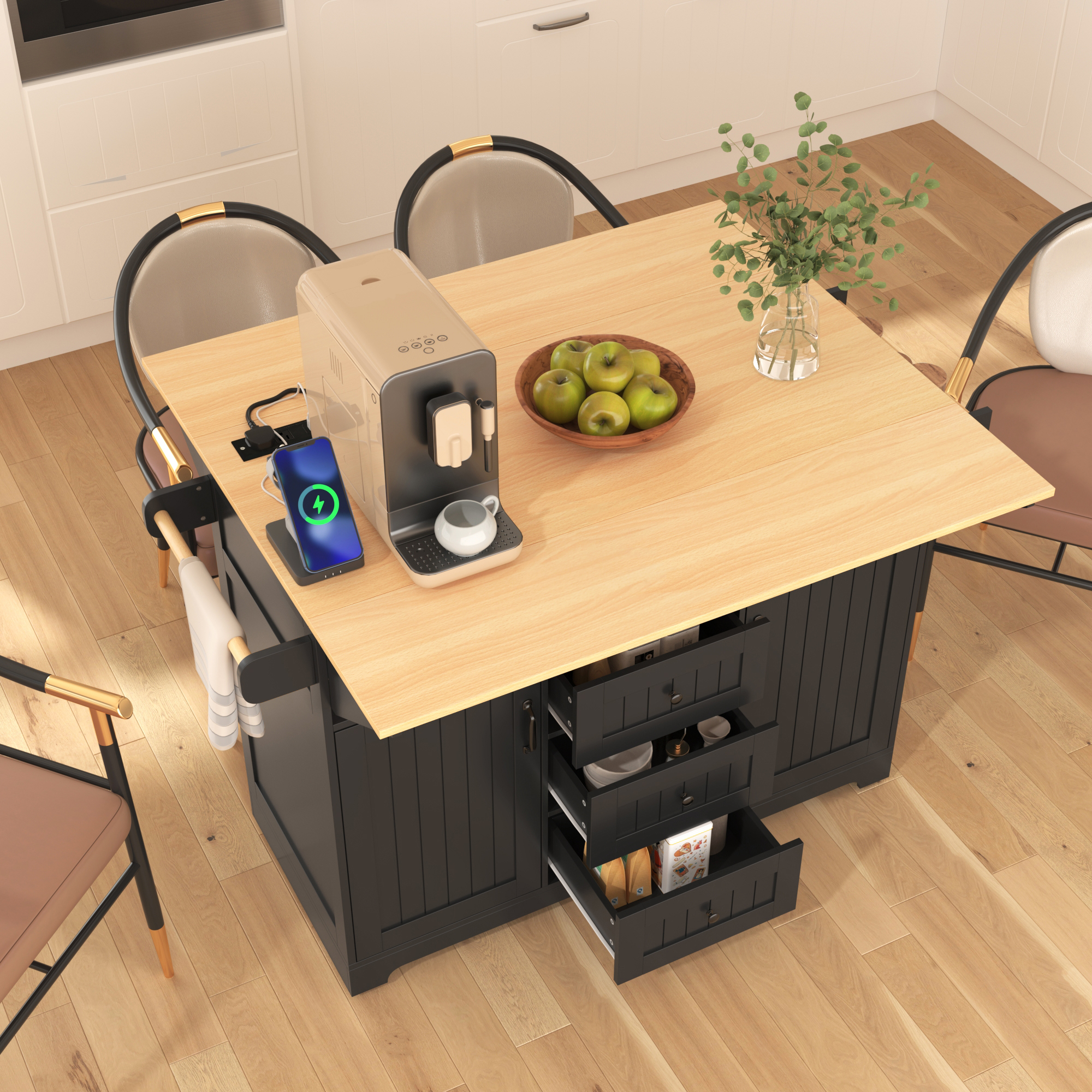 K&K 55.7  Large Kitchen Island With 2 Drop Leaf,, Rolling Kitchen Cart On 5 Wheels With Power Outlet, Folding Storage Dining Table With Spice & Towel Rack , 3 Drawers, For Kitchen, Dining Room,Black
