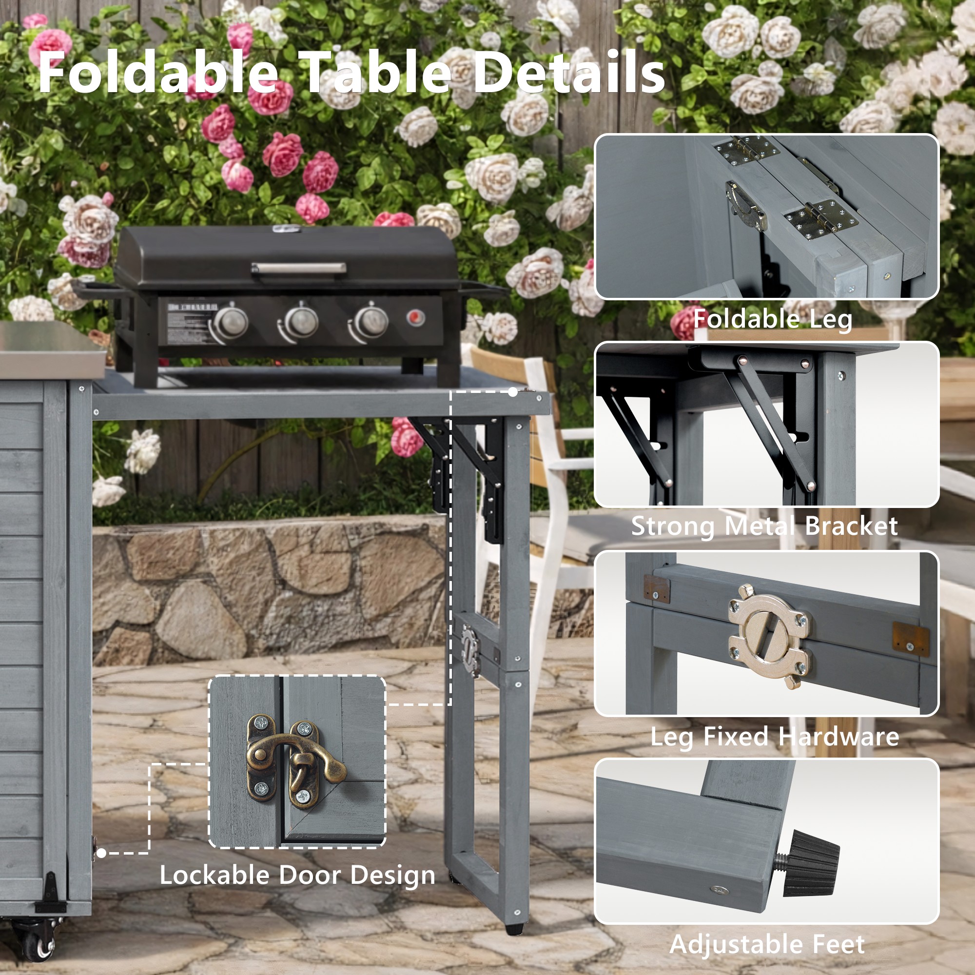 K&K 78.3  Outdoor Kitchen Island With Foldable Grill Table, Wooden Outdoor Grill Cart With Trash Can Storage & Stainless Steel Top, Outdoor Bar Cart, Pizza Oven Table For Lawn & Garden, Grey Blue
