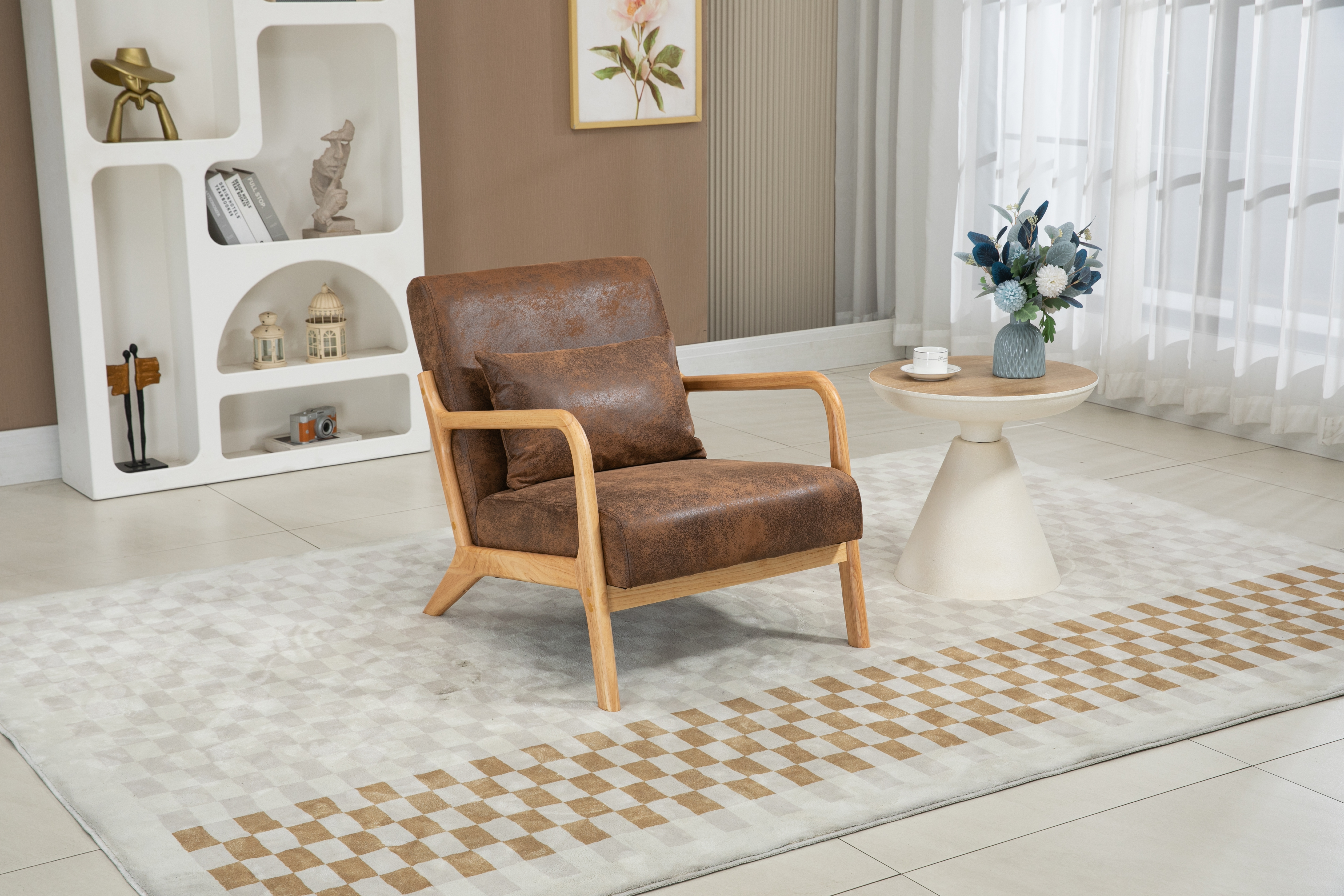 Mid Century Modern Accent Chair With Wood Frame, Upholstered Living Room Chairs With Waist Cushion, Reading Armchair For Bedroom Sunroom