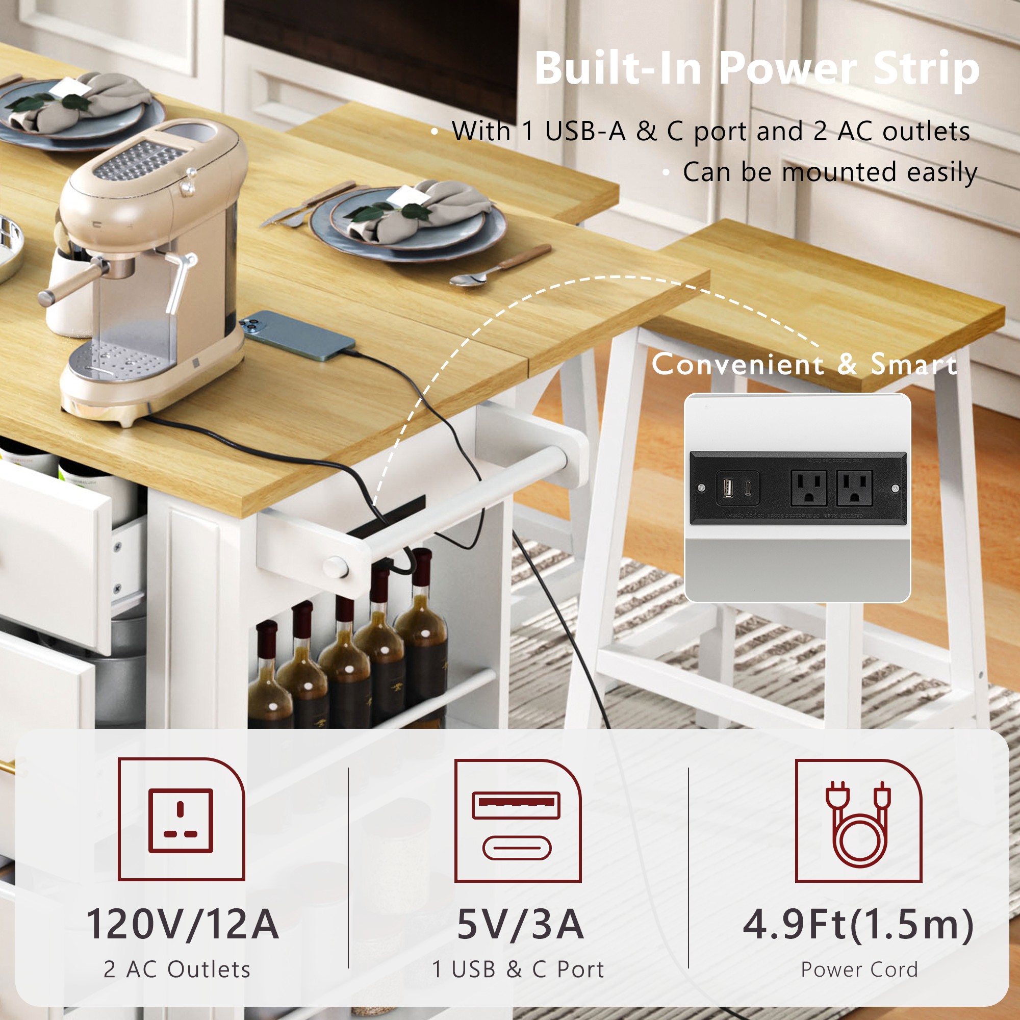 Kitchen Island With 6 Drawers And Drop Leaf And Power Outlet White_voghion.com