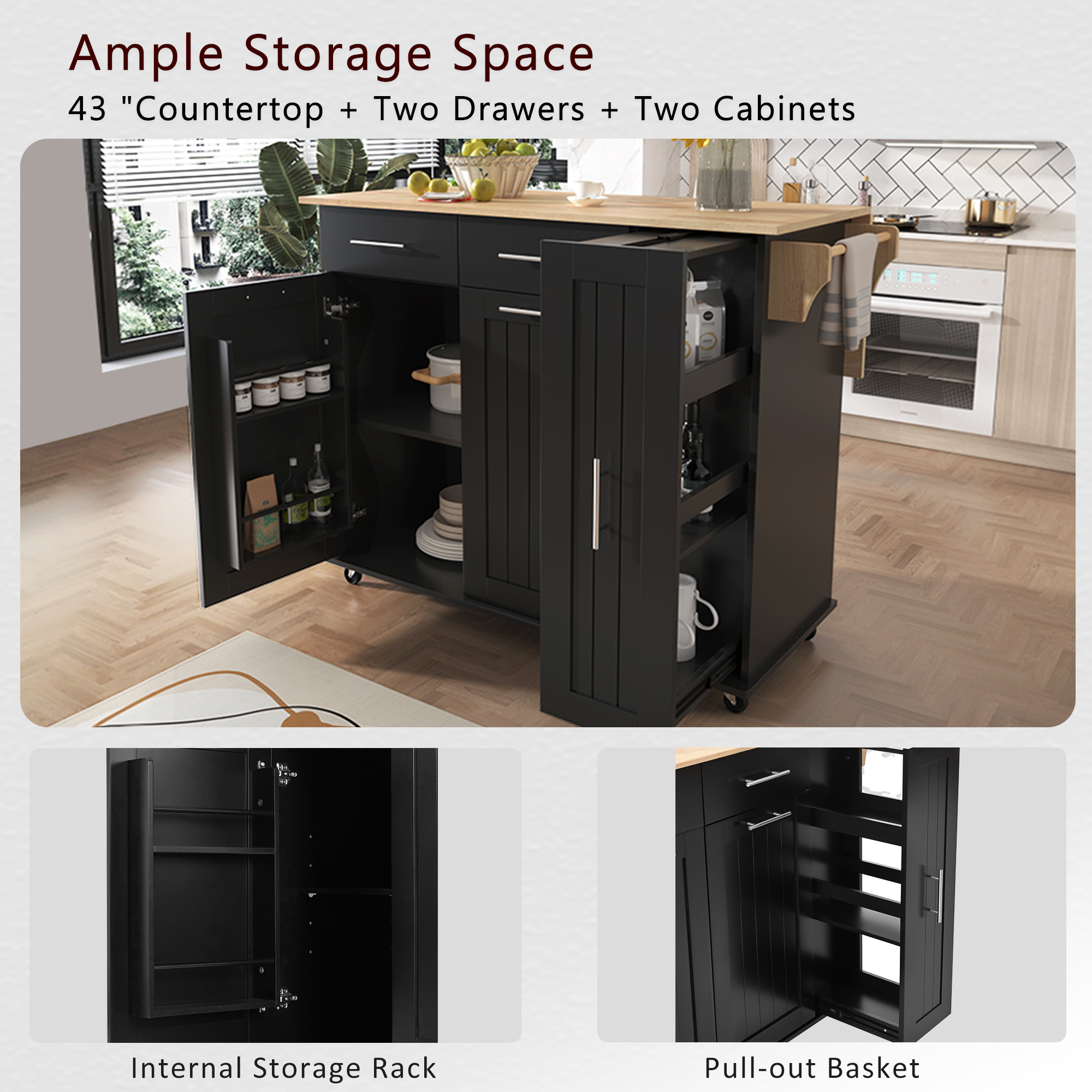 K&K Kitchen Island With Drop Leaf, Kitchen Storage Cart With 3 Tier Pull Out Cabinet Organizer, Internal Storage Rack, Rolling Kitchen Cart On Wheels With Towel Rack, 2 Drawers, For Kitchen, Black