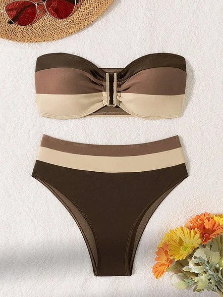 Women's Two-piece Coffee Colored Bikini Swimsuit Strapless Fashion Quick Drying