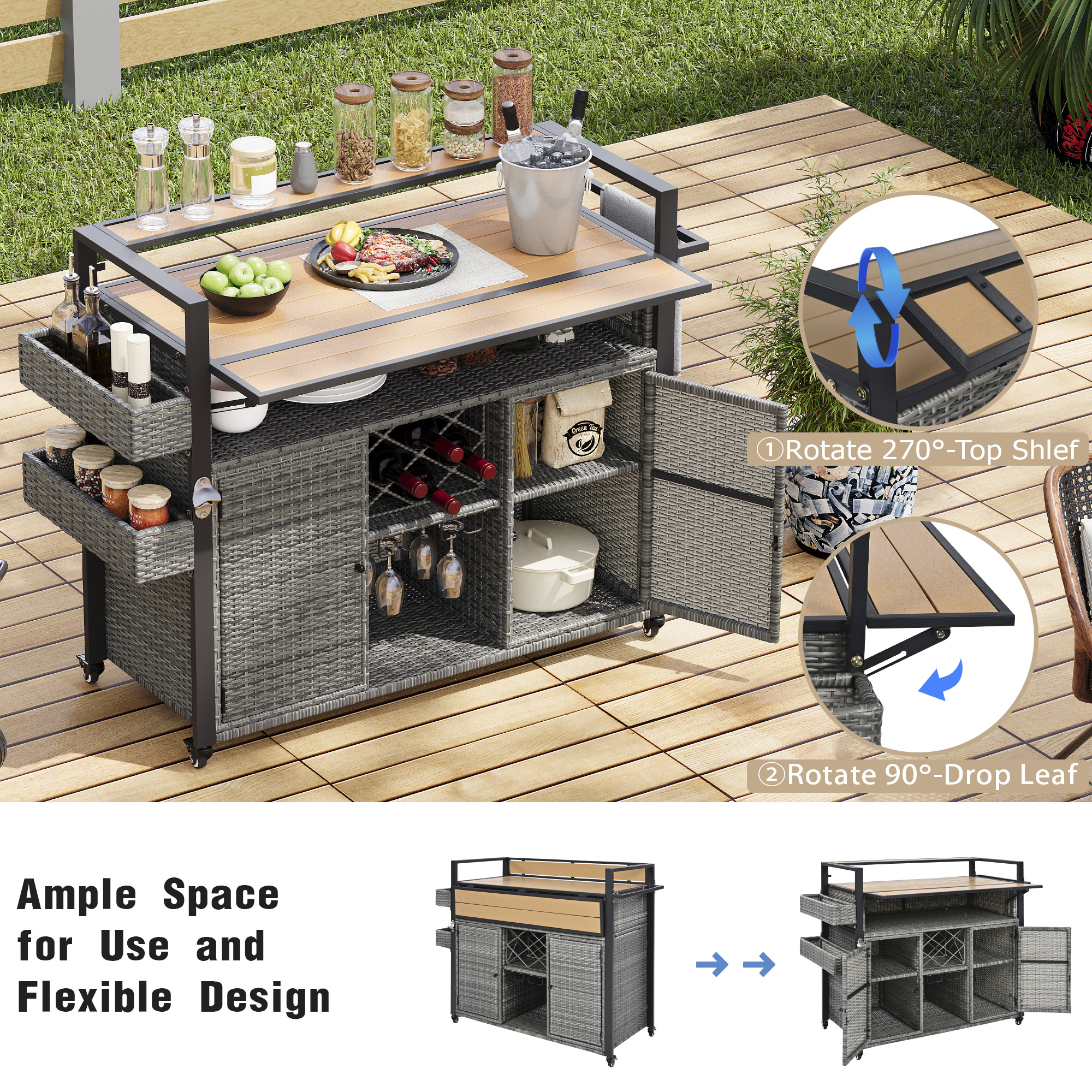 K&K 52.8 W Wicker Outdoor Grill Cart With Extended Plastic Wood Table Top, Rolling Kitchen Island On Wheels With Storage Cabinet, For Patio Backyard Garden Poolside, Double Handle Design, Grey