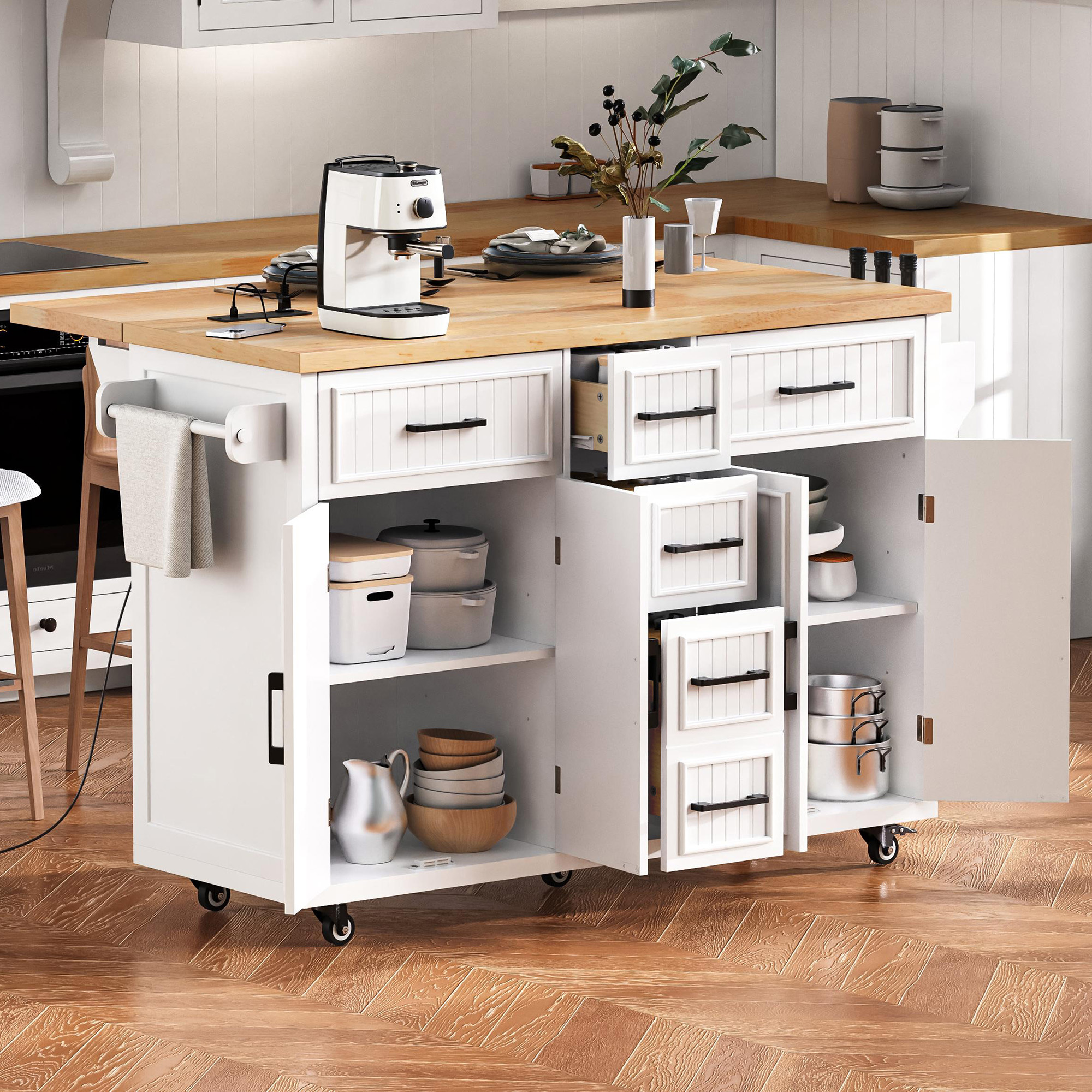 K&K 56.5 Kitchen Island With Drop Leaf, Power Outlet, Embossed Vertical Stripe Rolling Kitchen Cart On Wheels With 4 Doors , 5 Deep Drawers And Adjustable Shelves, For Kitchen, Dining Room, White - Image 1