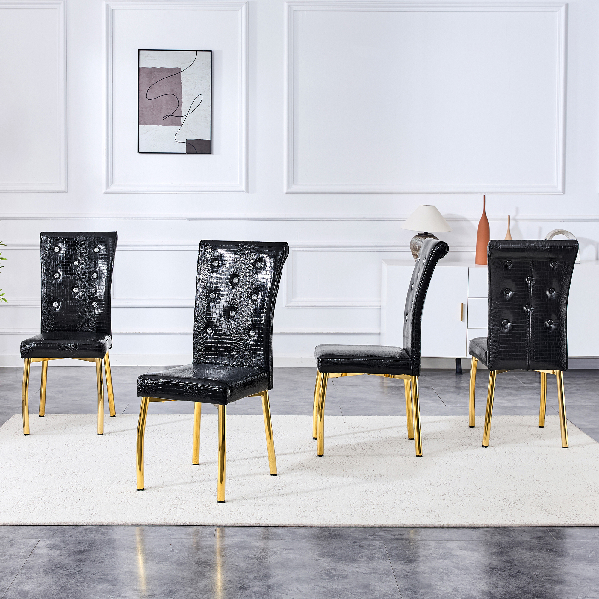 Set Of 4,Retro Alligator Skin Upholstered Dining Chairs,with Crystal Buckle Design And Faux Leather Design,a Touch Of Elegance And Mystery To The Dining Area.Gold Plated Metal Feet