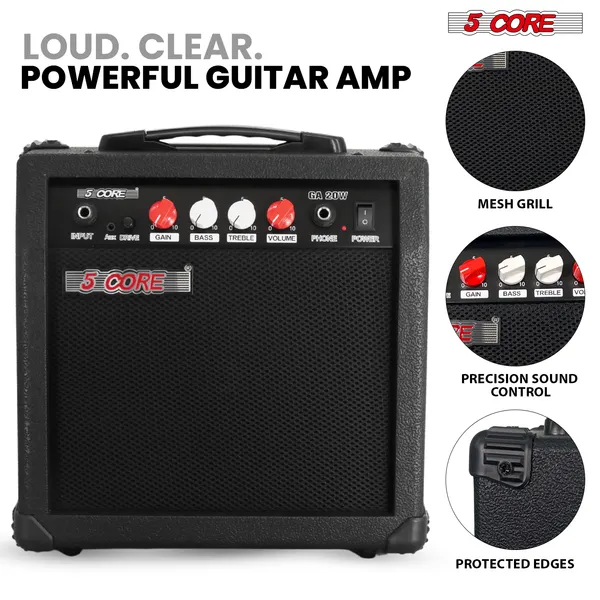 5 Core Guitar Amp 20W Electric Portable Mini Amplifier W Built In 6.5" Speaker Aux Headphone Jack