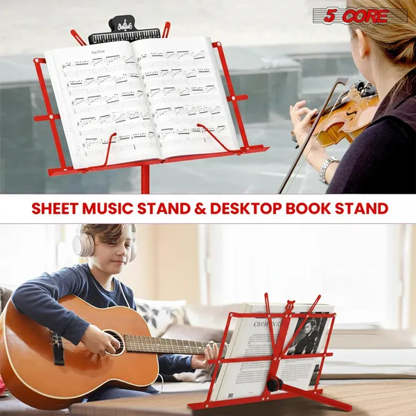 5 Core Music Stand Adjustable Desktop Book Stands Portable Sheet Holder All Metal Foldable Bookstand - MUS FLD RED