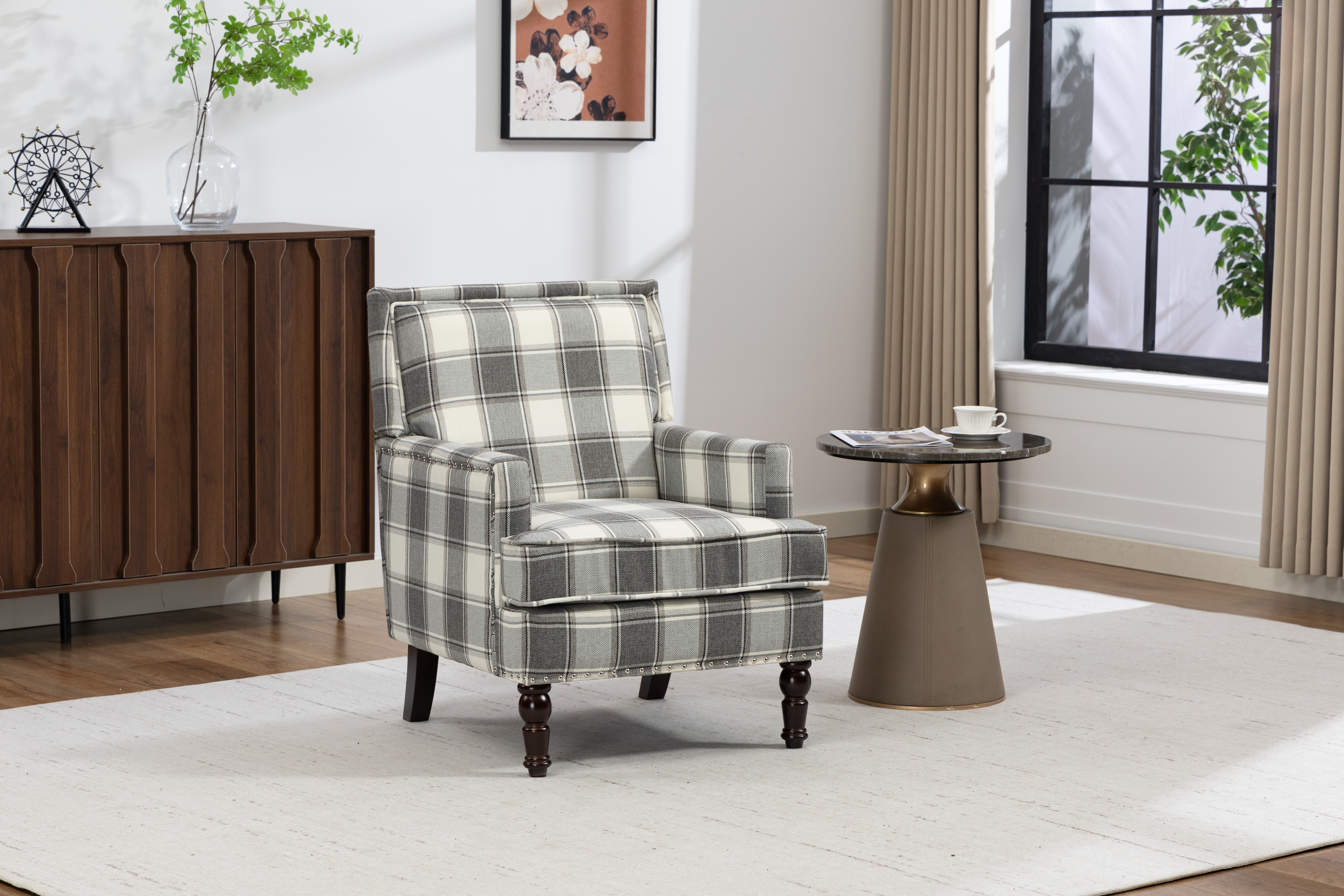 Upholstered Accent Chair, Vintage Armchair With Grey Linen Fabric And Nailhead Trim For Living Room
