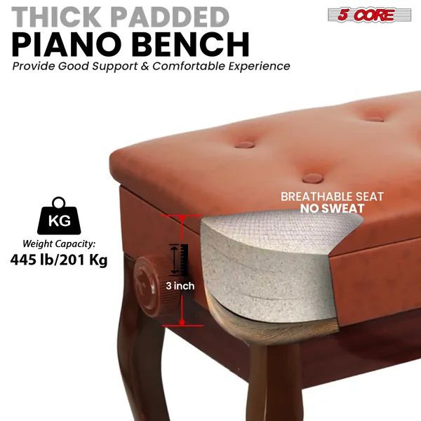 5 Core Piano Bench 3" Padded Cushioned Stool Wooden Heavy Duty Adjustable Musician Chair W Storage - PNB WD HD CML BR
