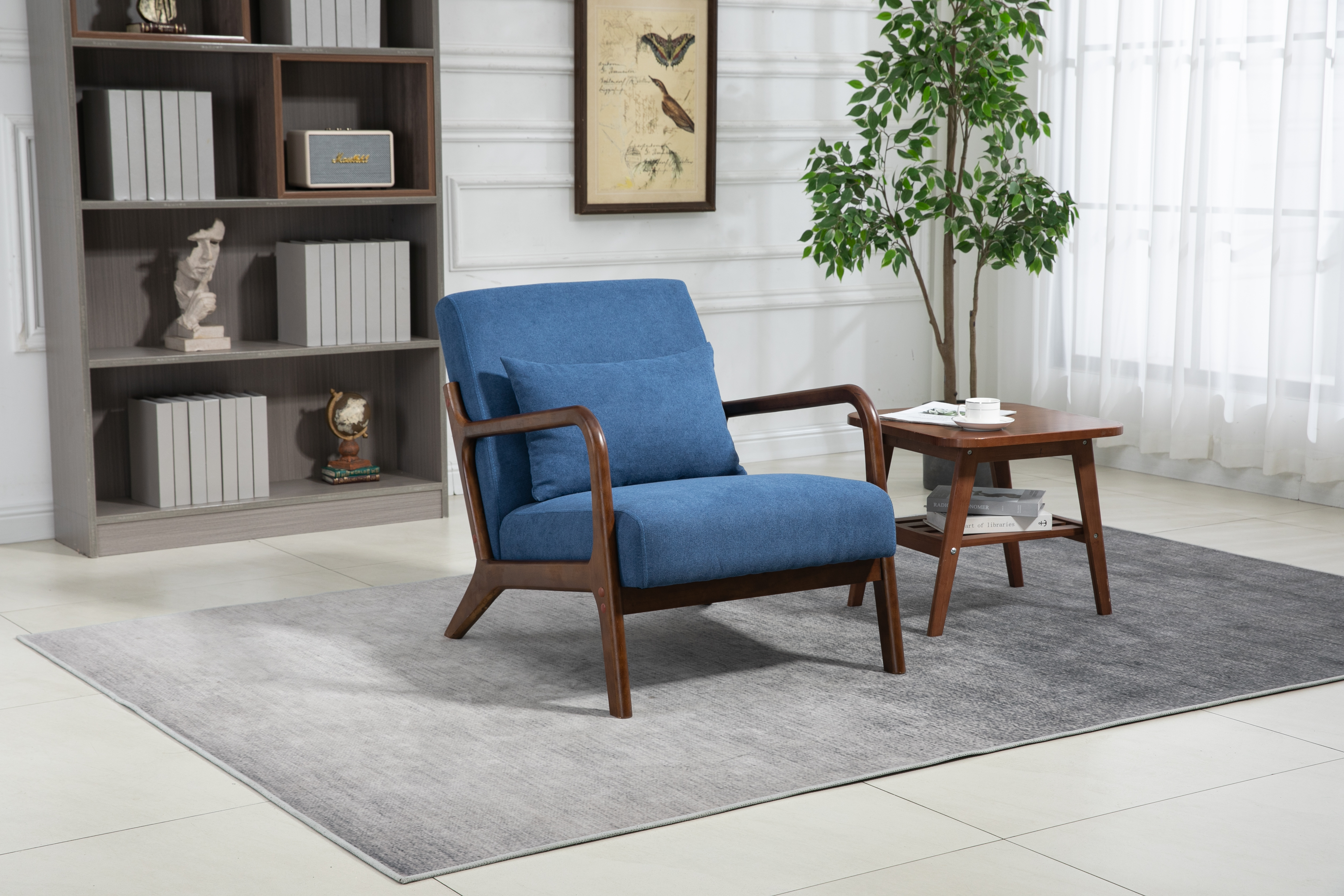 Mid Century Modern Accent Chair With Wood Frame, Upholstered Living Room Chairs With Waist Cushion, Reading Armchair For Bedroom Sunroom