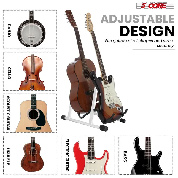 5 CORE Double Guitar Stand Floor Adjustable Heavy Duty A Frame Universal Folding Acoustic Electric Bass Mandolin Banjo Violin Holder Multiple Folding Stands For On Stage Studio Easy Assembly WHITE