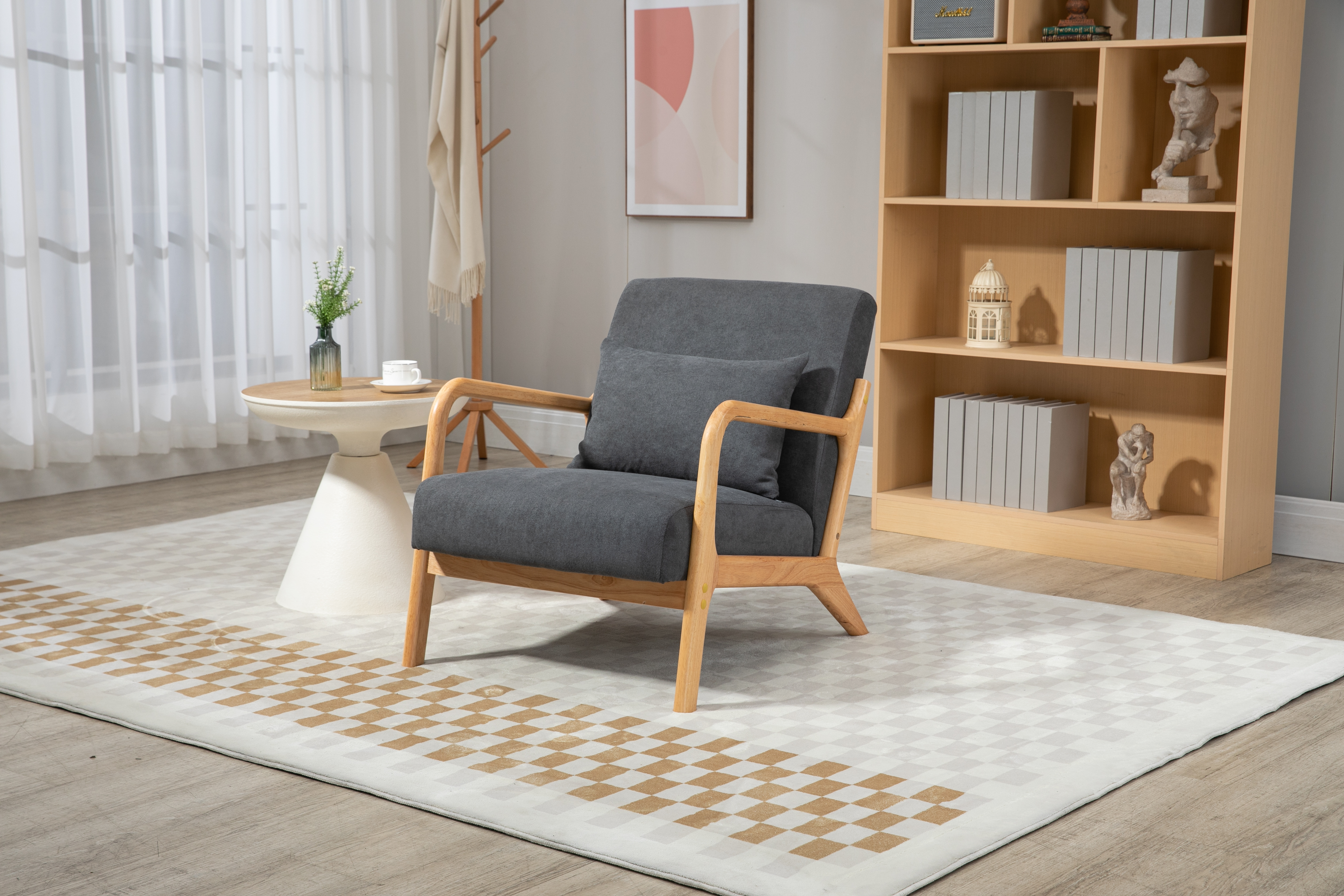 Mid Century Modern Accent Chair With Wood Frame, Upholstered Living Room Chairs With Waist Cushion, Reading Armchair For Bedroom Sunroom