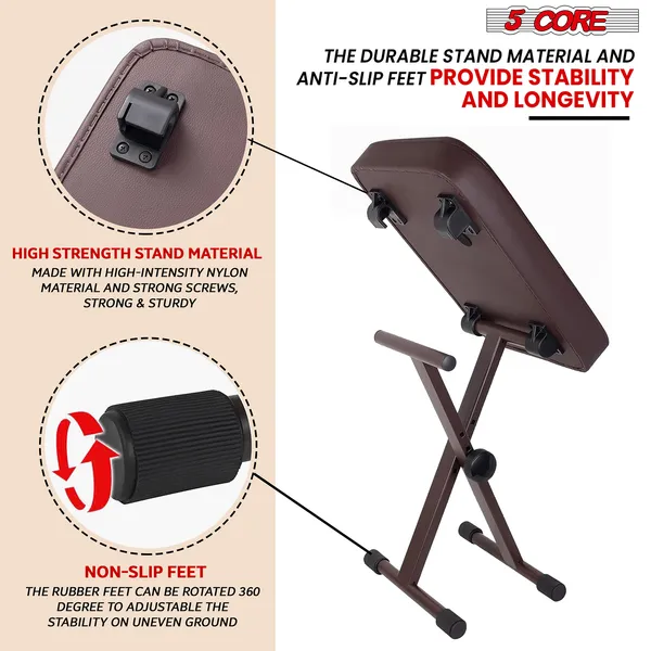 5 Core Keyboard Bench 3 Inch Padded Cushioned Piano Stool Height Adjustable Guitar Seat Heavy Duty Folding Portable Musician Chair W Nonslip Rubber Feet Brown - KBB BR HD