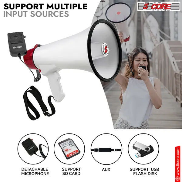 5 Core Megaphone 50W Bull Horn PA Speaker W 300M Range Loud Siren Voice Amplifier Portable