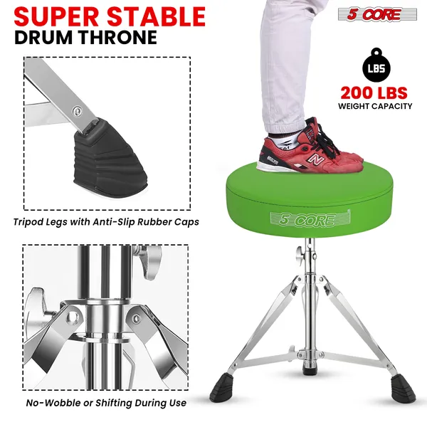 5 CORE Drum Throne Padded Guitar Stool Height Adjustable Music Chair Seat Universal For Adults & Kids With Anti Slip Rubber Feet - DS CH GR