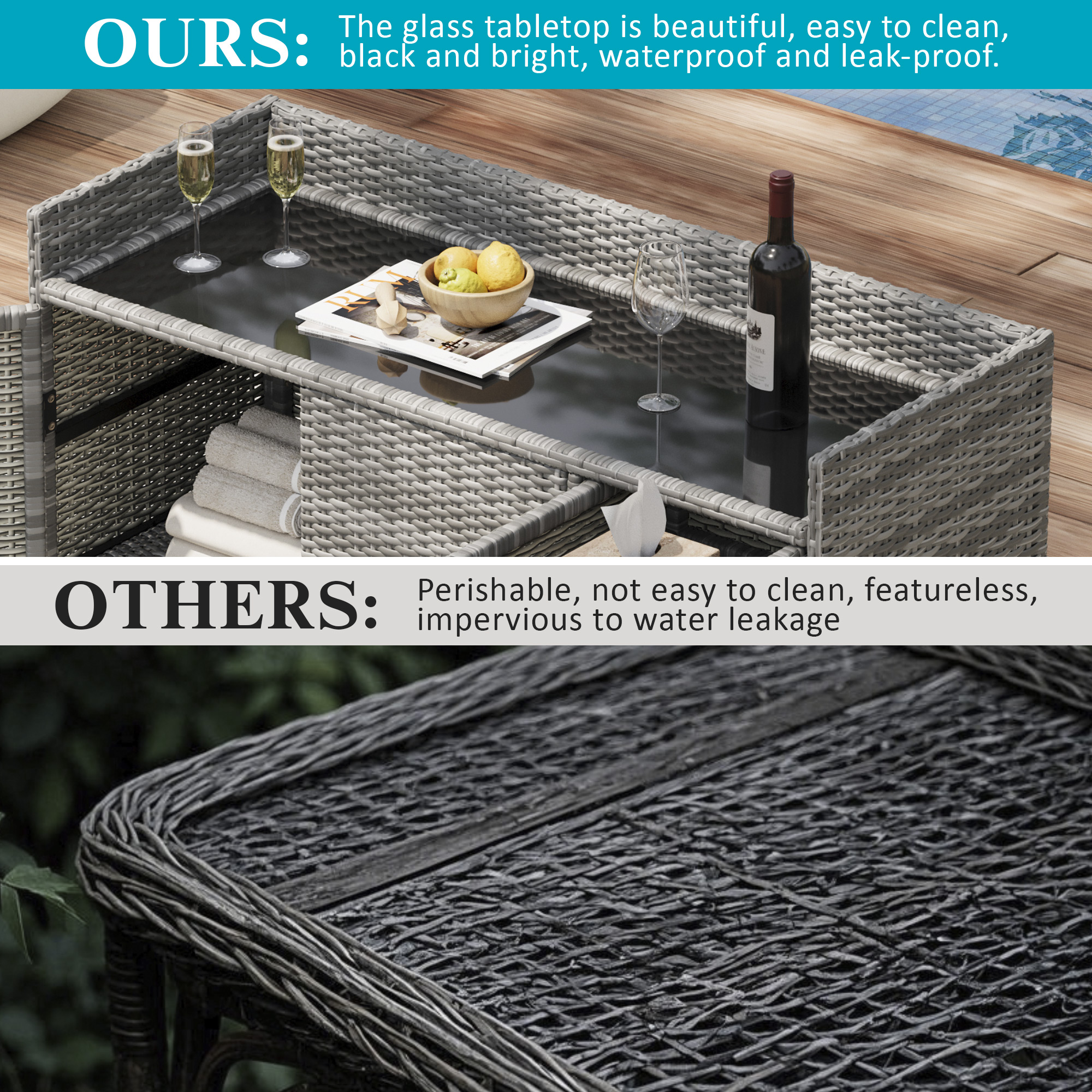 K&K 47.5 W Wicker Outdoor Storage Cabinet With Tempered Glass Desktop, Weather Proof Rattan Bar Table With Three Doors, Adjustable Shelf, And One Drawer, For Outdoor Cushions, Pool Toys , Grey