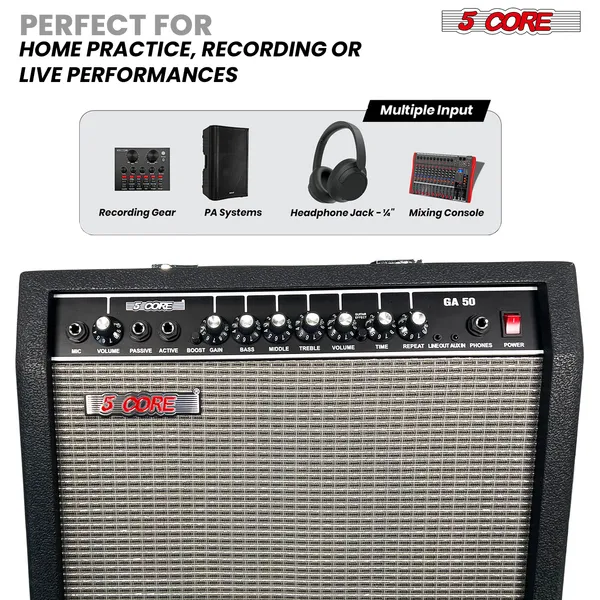 5 Core Guitar Amp 50 Watt Electric Amplifier W Built In 8" Speaker Portable Mini Amps W Aux