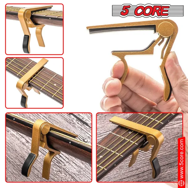 5CORE Capo Acoustic Electric Guitar 6 String Quick And Easy Adjustment Classic Clip - Banjo Mandolin Or Ukulele Capotraste Para Guitarra - CAPO GLD